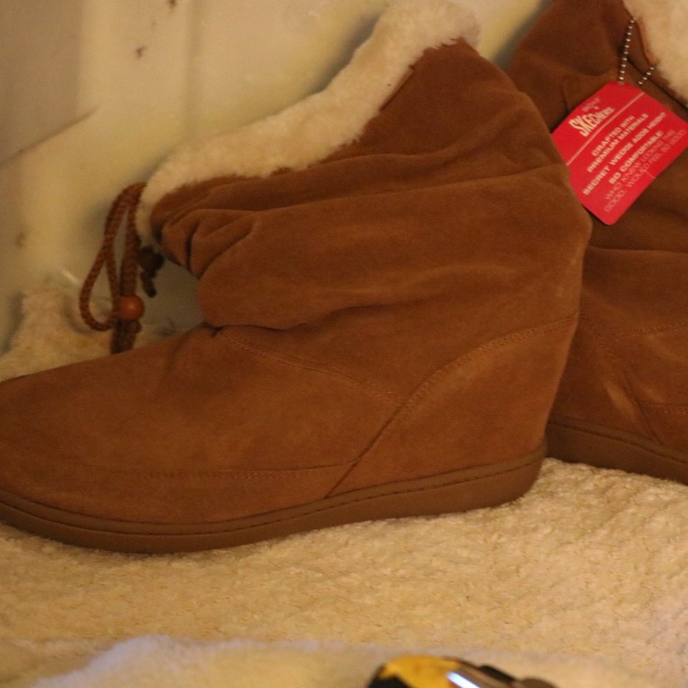 Women's Skechers Skch+3 Brown Leather/Suede Lined Slouch Boots Sz 11